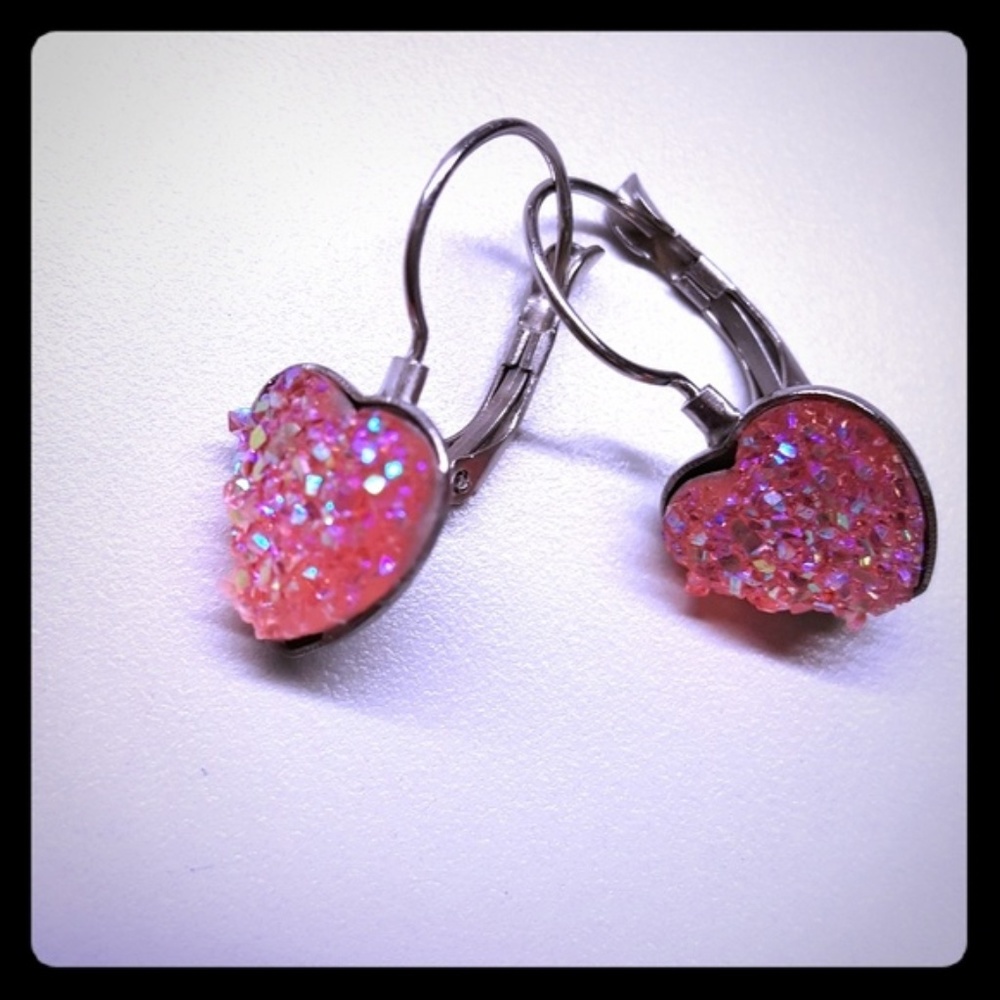 NEW Pink heart druzy hanging earrings